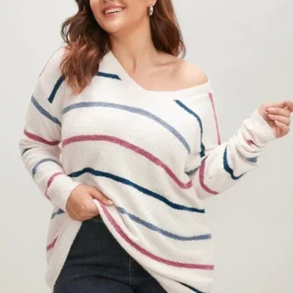 BloomChic Striped Contrast Super Soft Knit V Neck Fluffy Knit Top - Picture 2 of 11